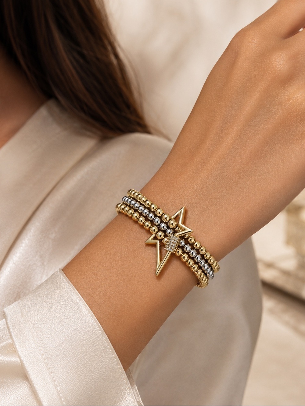 Elegant Gold and Silver Star Bead Bracelet